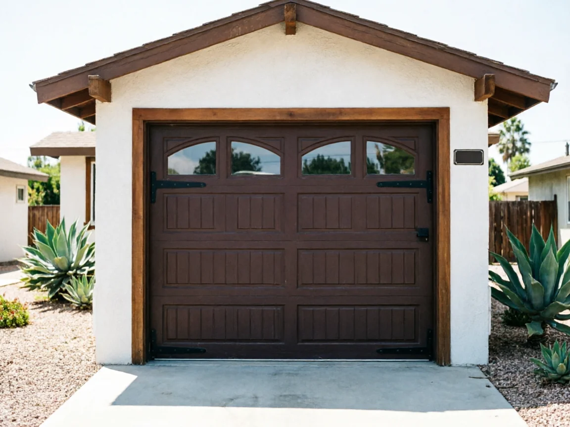 A brown garage door with windows is set in a white stucco garage.