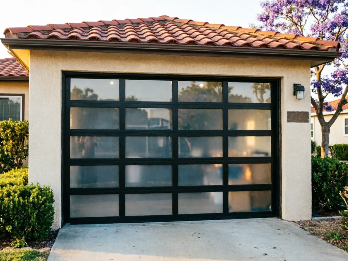 A modern garage door with black frames and frosted glass panels.