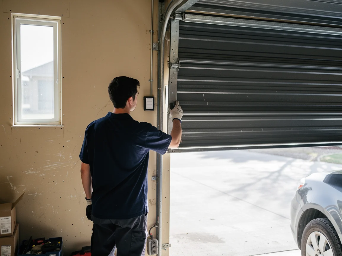 A technician in a blue shirt is adjusting a partially open garage door.
