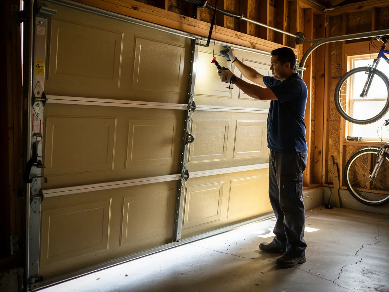 A technician inspects a beige garage door with a flashlight.